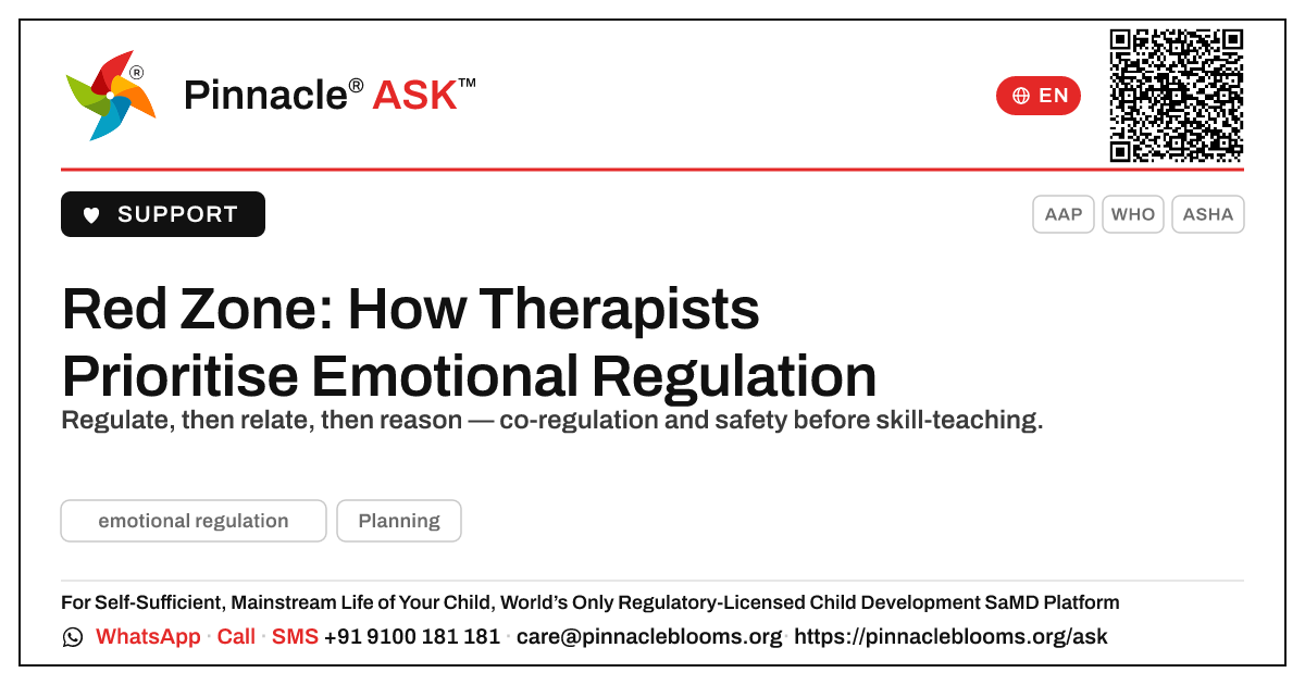 How should a therapist prioritise a child in the red zone for emotional regulation? — Pinnacle Ask answer card with a short explanation and QR link