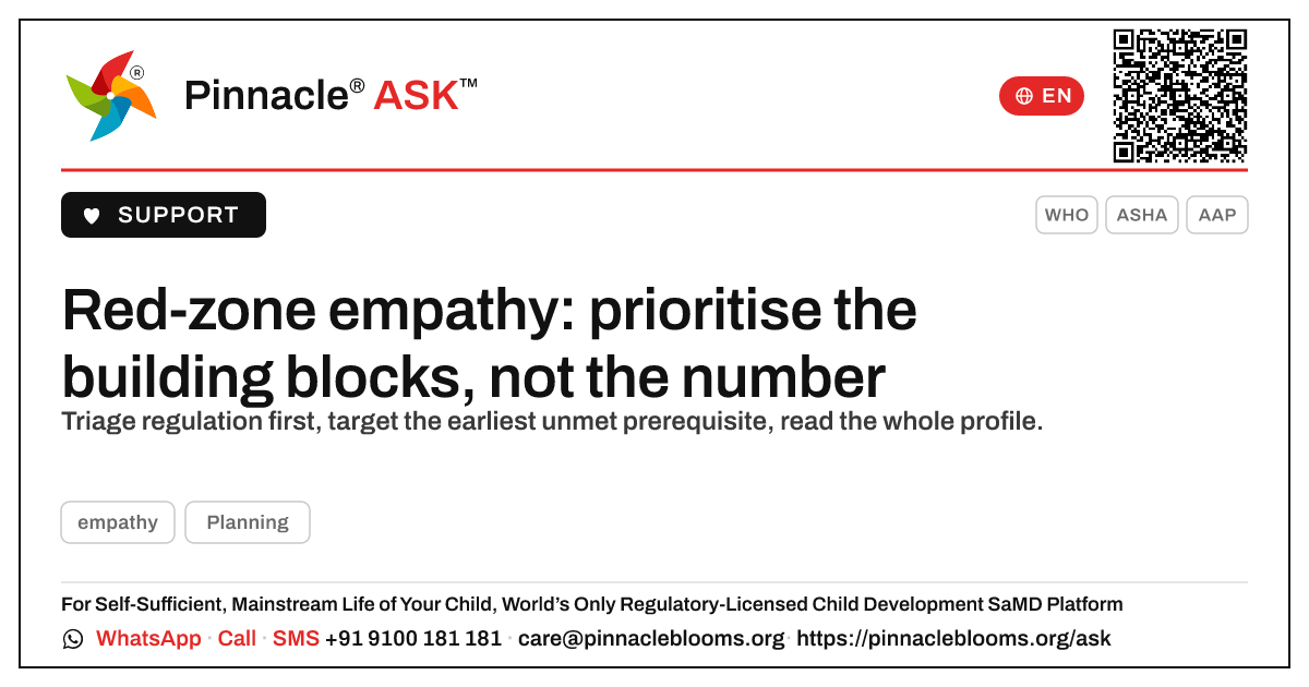 How should a therapist prioritise a child in the red zone for empathy? — Pinnacle Ask answer card with a short explanation and QR link