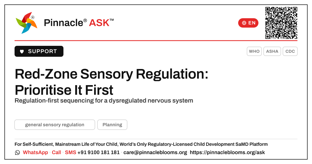 Prioritising Red-Zone Sensory Regulation in Therapy — Pinnacle Ask answer card with a short explanation and QR link