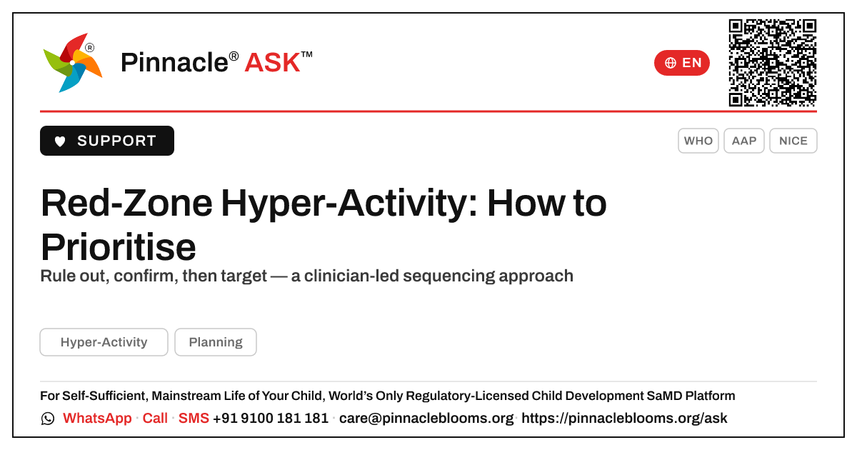 How should a therapist prioritise a child in the red zone for Hyper-Activity? — Pinnacle Ask answer card with a short explanation and QR link