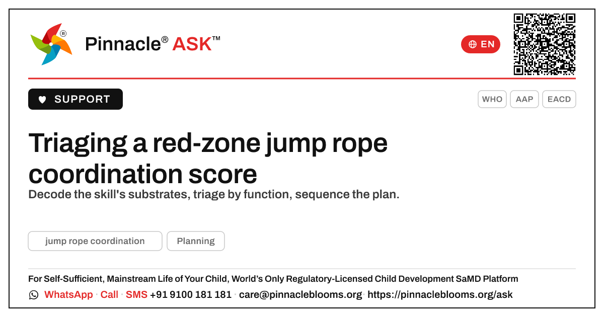 Prioritising a red-zone jump rope coordination score — Pinnacle Ask answer card with a short explanation and QR link