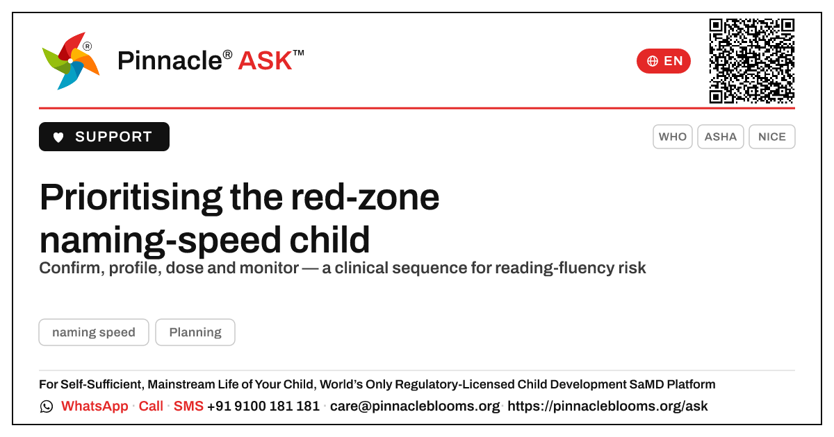 How should a therapist prioritise a child in the red zone for naming speed? — Pinnacle Ask answer card with a short explanation and QR link