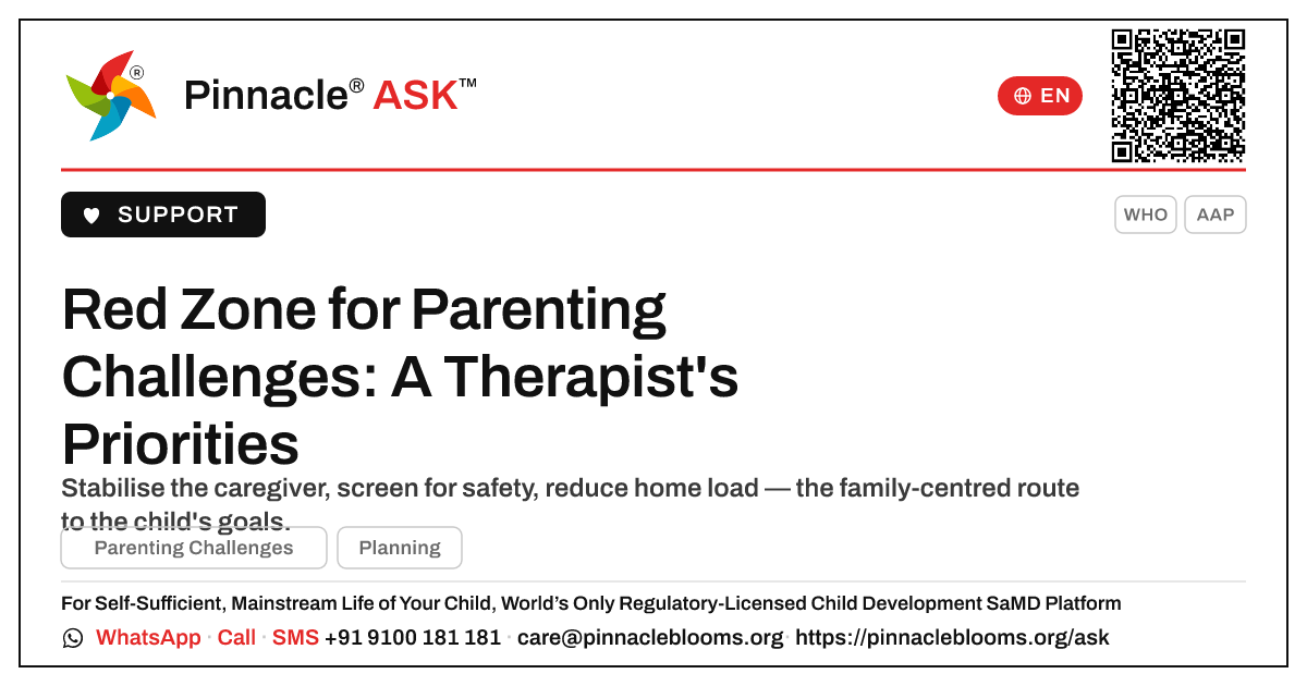 How should a therapist prioritise a child in the red zone for Parenting Challenges? — Pinnacle Ask answer card with a short explanation and QR link