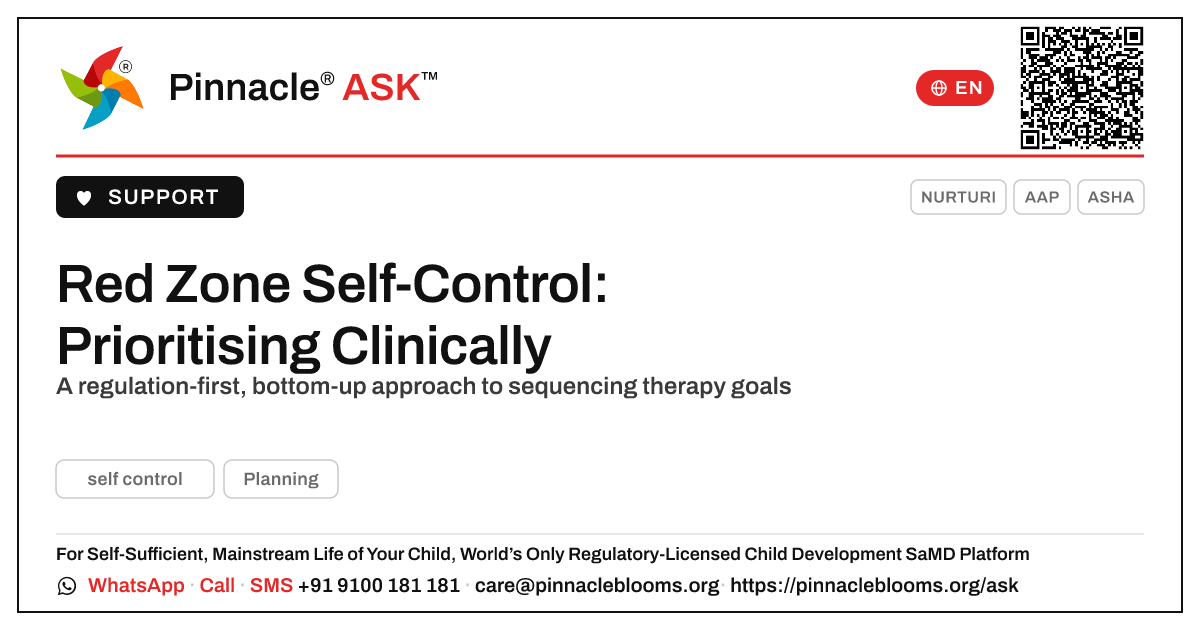 How to Prioritise a Child in the Red Zone for Self-Control — Pinnacle Ask answer card with a short explanation and QR link