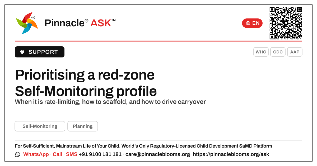 Prioritising a red-zone Self-Monitoring profile in therapy — Pinnacle Ask answer card with a short explanation and QR link