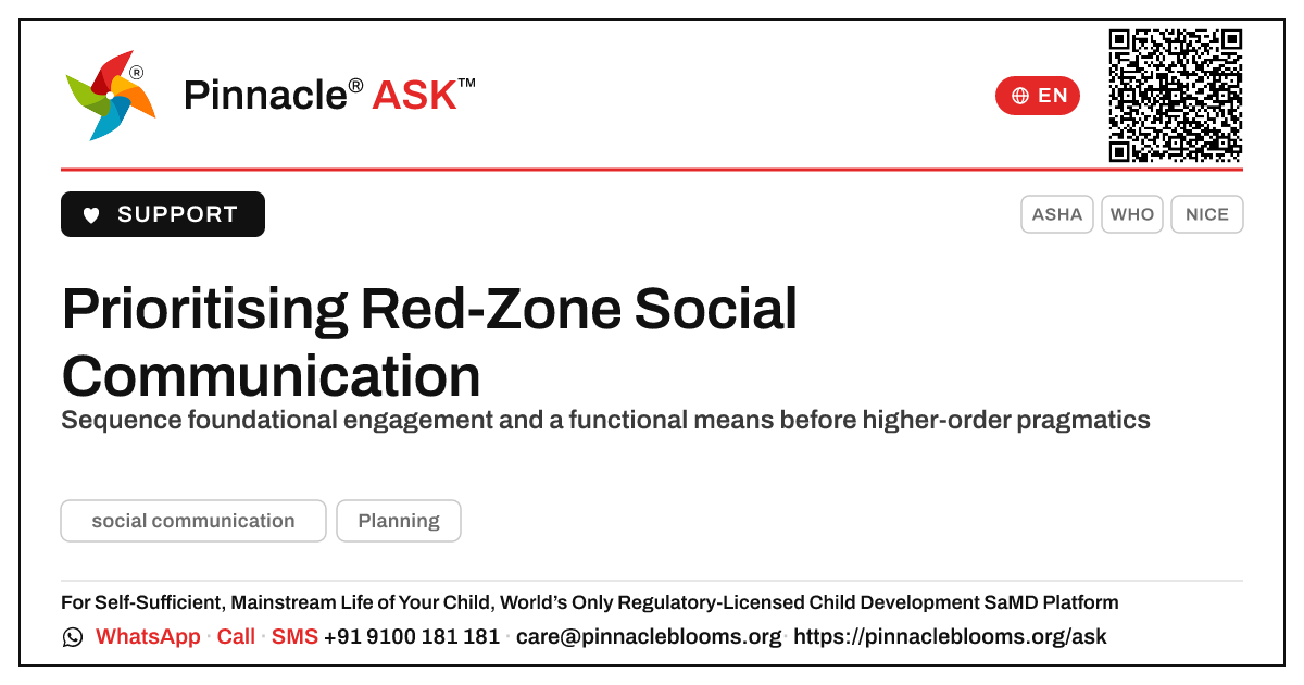 How to prioritise a child in the red zone for social communication — Pinnacle Ask answer card with a short explanation and QR link