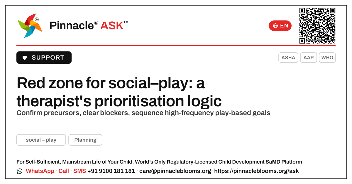 How should a therapist prioritise a child in the red zone for social–play? — Pinnacle Ask answer card with a short explanation and QR link
