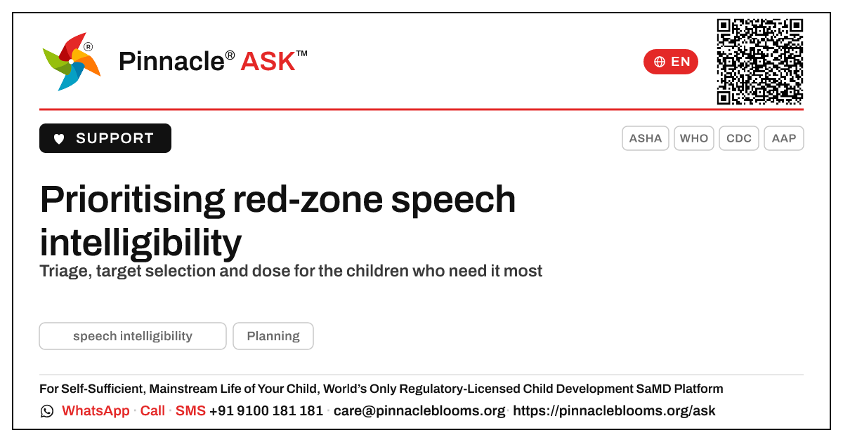 How should a therapist prioritise a child in the red zone for speech intelligibility? — Pinnacle Ask answer card with a short explanation and QR link