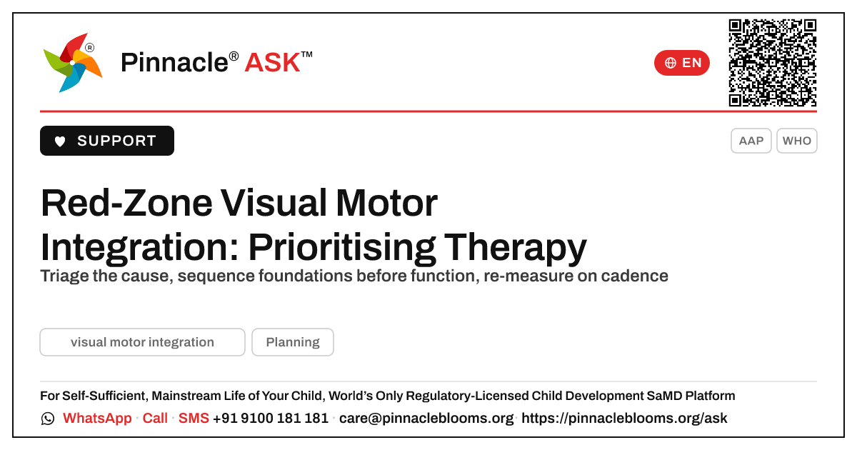 Prioritising the red-zone visual motor integration child — Pinnacle Ask answer card with a short explanation and QR link