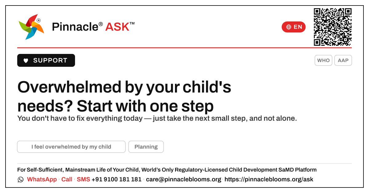 Feeling overwhelmed by your child's needs — where to start — Pinnacle Ask answer card with a short explanation and QR link