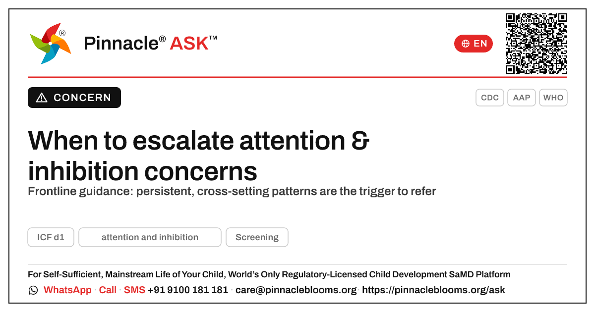 When should a frontline worker escalate attention and inhibition concerns? — Pinnacle Ask answer card with a short explanation and QR link