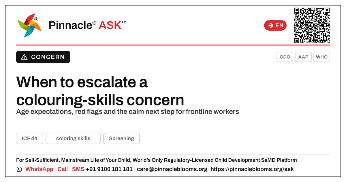 When to escalate a child's colouring difficulty — Pinnacle Ask answer card with a short explanation and QR link
