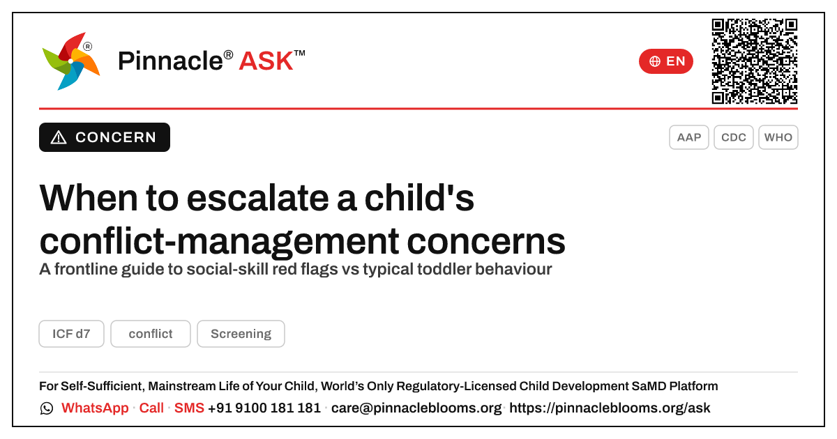 When to escalate if a child struggles with conflict — Pinnacle Ask answer card with a short explanation and QR link