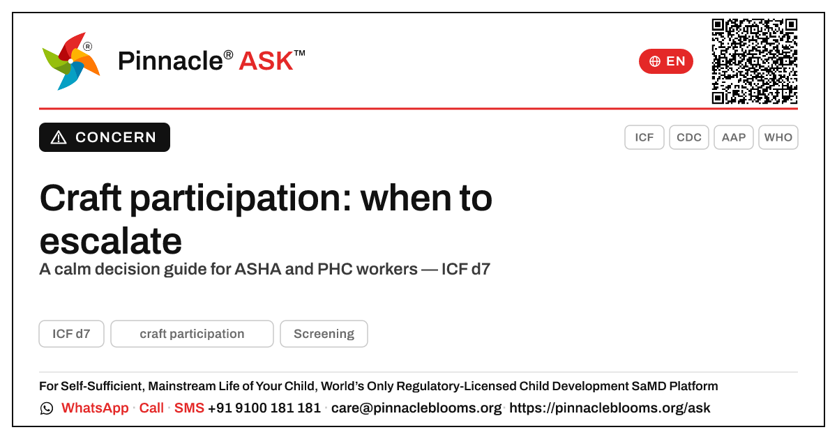 When should a frontline health worker escalate difficulty with craft participation? — Pinnacle Ask answer card with a short explanation and QR link