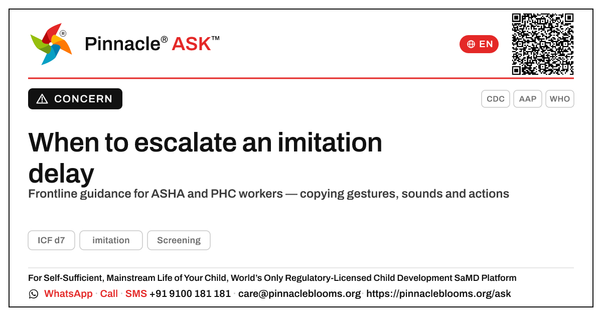 Imitation delay: when frontline workers should escalate — Pinnacle Ask answer card with a short explanation and QR link