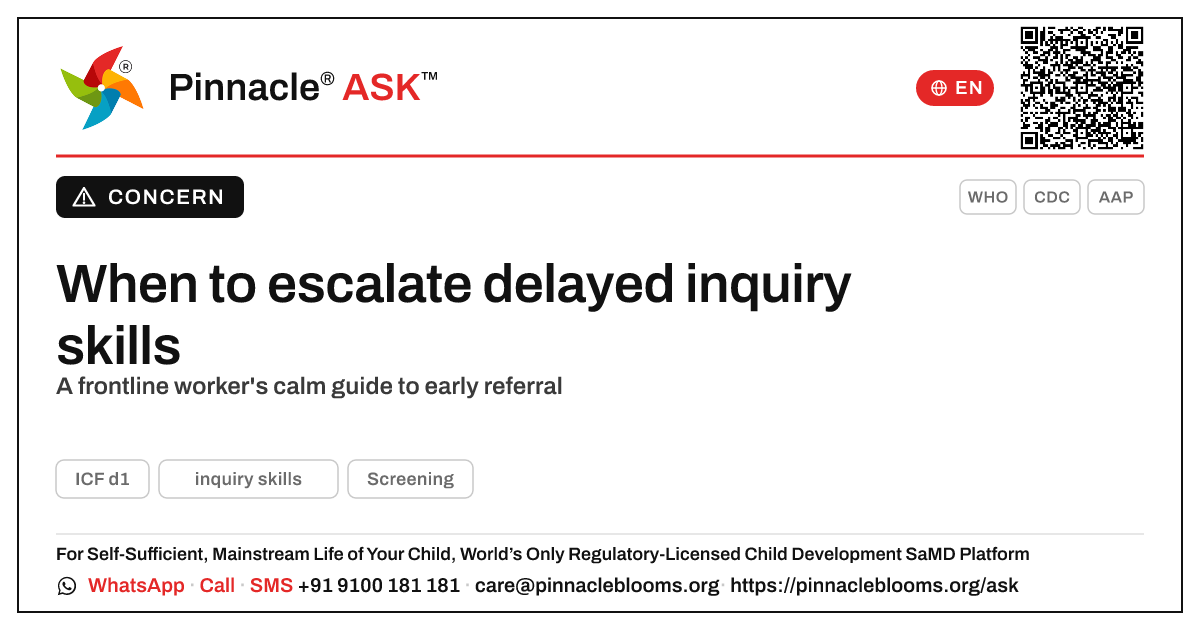When to escalate delayed inquiry skills — Pinnacle Ask answer card with a short explanation and QR link
