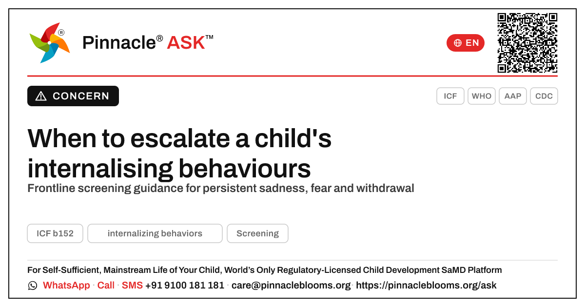 When to escalate internalising behaviours in children — Pinnacle Ask answer card with a short explanation and QR link