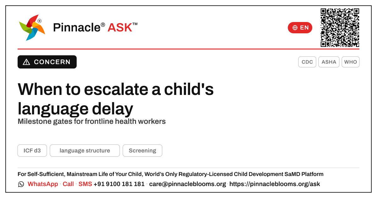 If a child cannot reach language structure milestones, when should a frontline health worker escalate? — Pinnacle Ask answer card with a short explanation and QR link