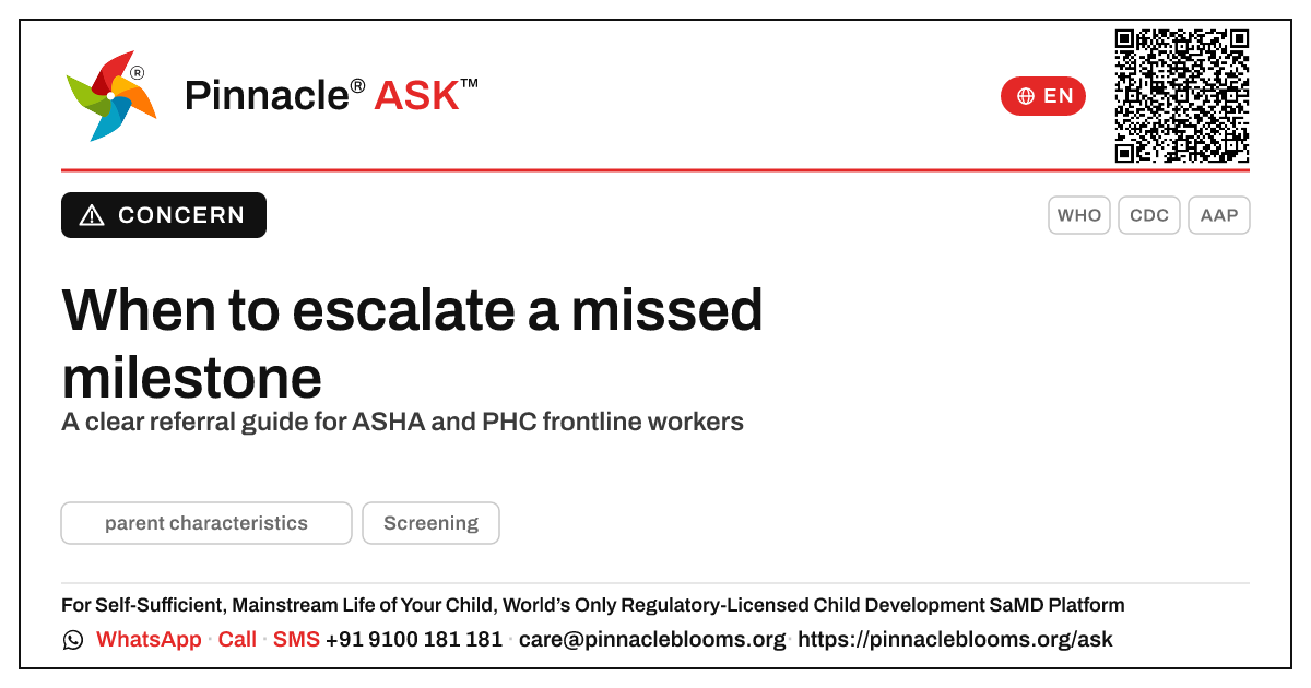 When a frontline worker should escalate a missed milestone — Pinnacle Ask answer card with a short explanation and QR link