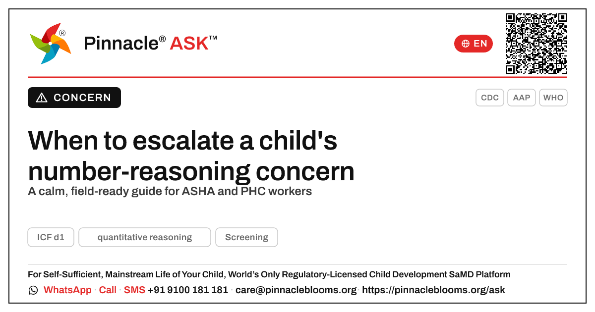 When to escalate quantitative reasoning concerns — Pinnacle Ask answer card with a short explanation and QR link