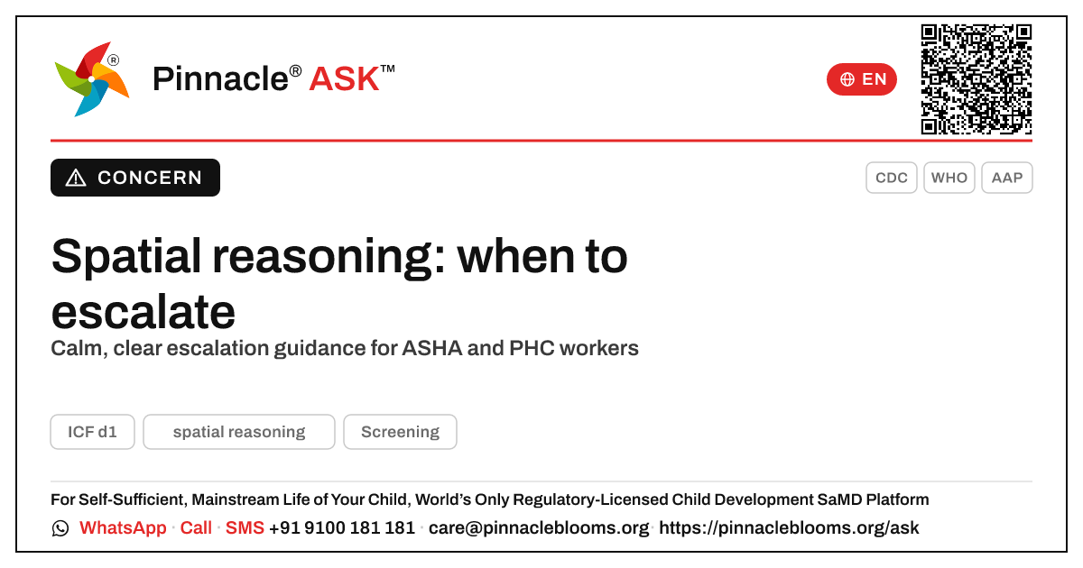 When to escalate a spatial reasoning concern — Pinnacle Ask answer card with a short explanation and QR link