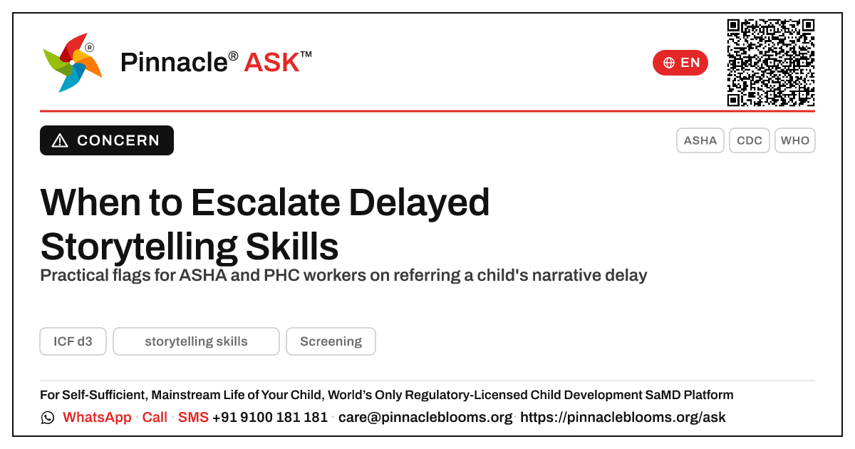 When to Escalate Delayed Storytelling Skills — Pinnacle Ask answer card with a short explanation and QR link