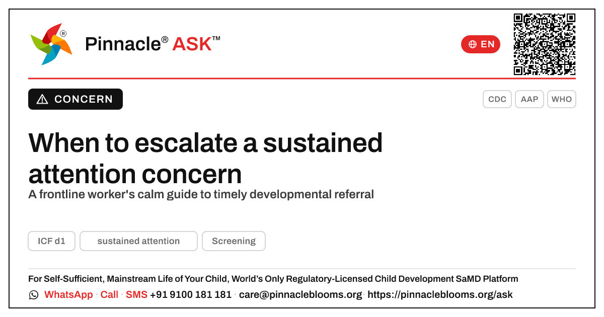 When to escalate a sustained attention concern — Pinnacle Ask answer card with a short explanation and QR link