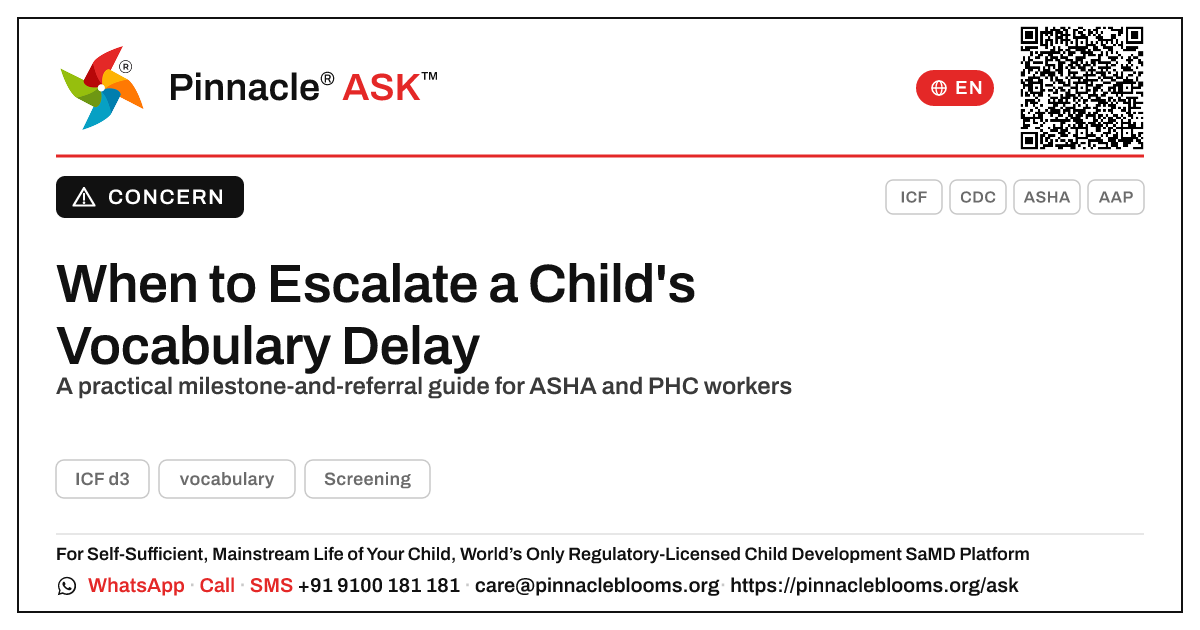 When to Escalate a Vocabulary Delay — Pinnacle Ask answer card with a short explanation and QR link
