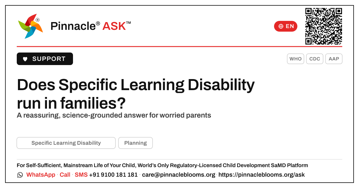 If one child has SLD, can my next child have it too? — Pinnacle Ask answer card with a short explanation and QR link