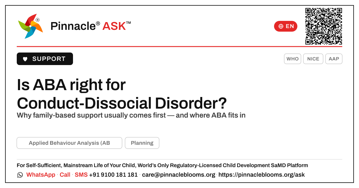 Is ABA the right therapy for Conduct-Dissocial Disorder? — Pinnacle Ask answer card with a short explanation and QR link