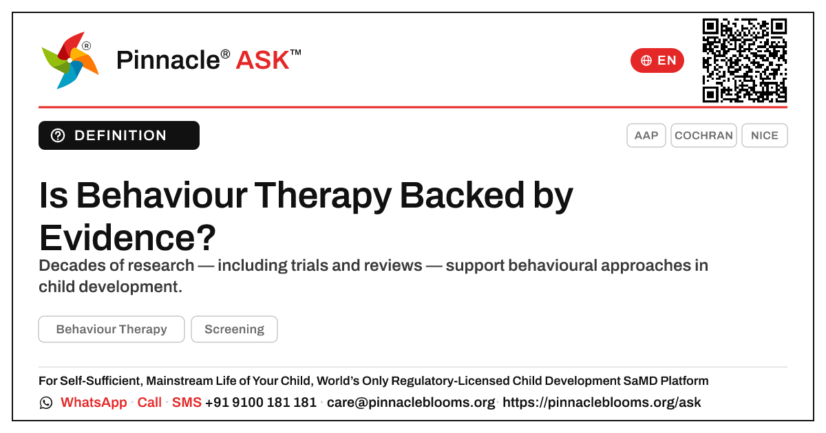 Is Behaviour Therapy Backed by Research Evidence? — Pinnacle Ask answer card with a short explanation and QR link