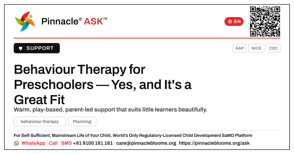 Is Behaviour Therapy Suitable for Preschoolers? — Pinnacle Ask answer card with a short explanation and QR link