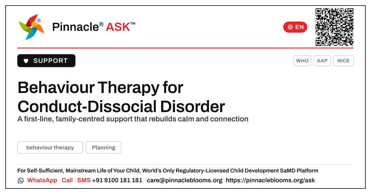Is behaviour therapy right for Conduct-Dissocial Disorder? — Pinnacle Ask answer card with a short explanation and QR link