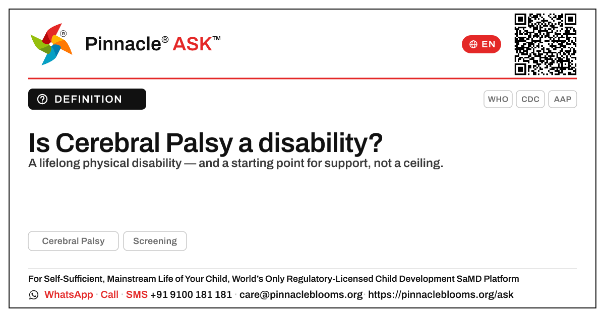 Is Cerebral Palsy considered a disability? — Pinnacle Ask answer card with a short explanation and QR link