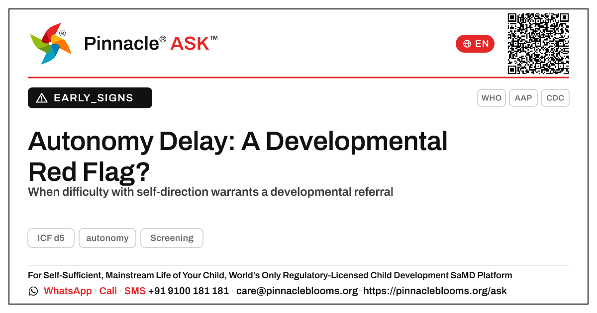 Difficulty Learning Autonomy: A Developmental Red Flag? — Pinnacle Ask answer card with a short explanation and QR link