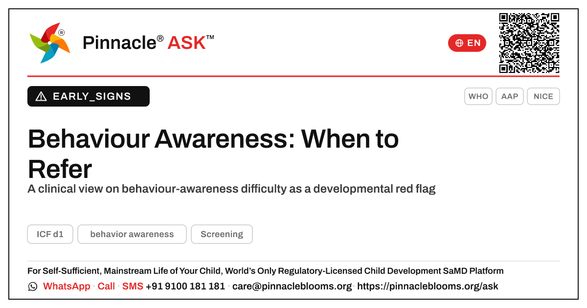 Is difficulty learning behaviour awareness a referral red flag? — Pinnacle Ask answer card with a short explanation and QR link