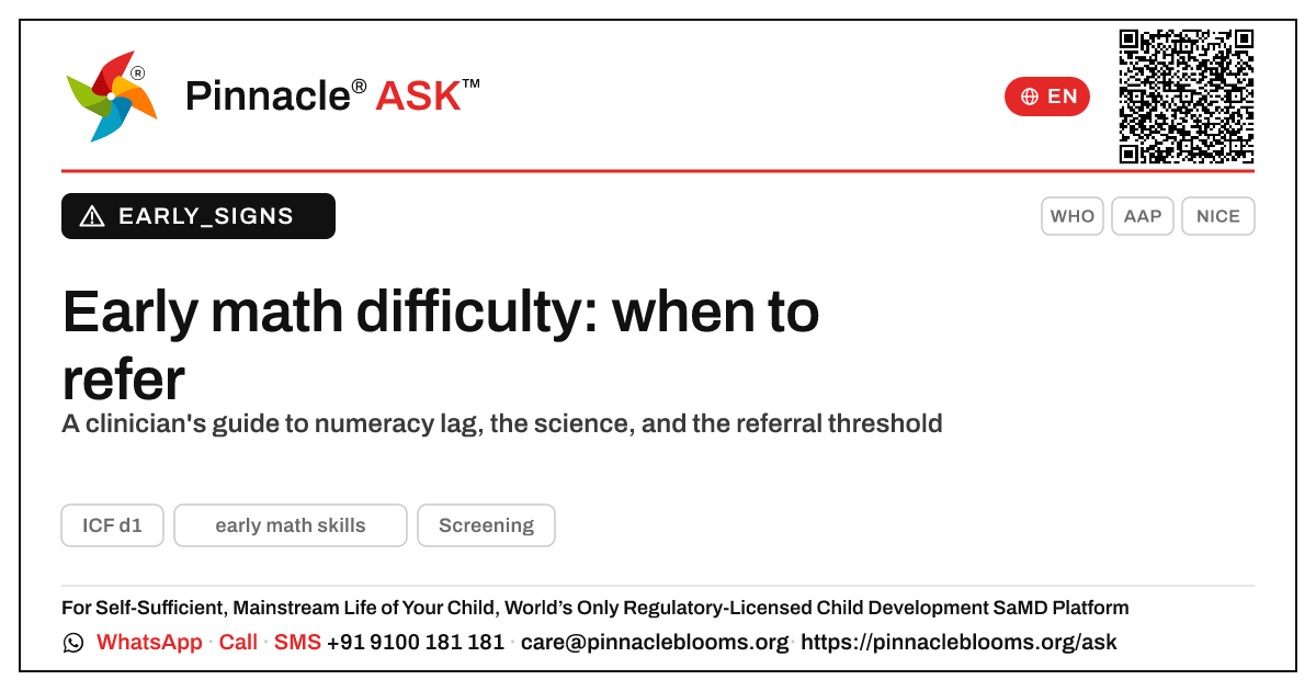 Is early math difficulty a developmental referral red flag? — Pinnacle Ask answer card with a short explanation and QR link