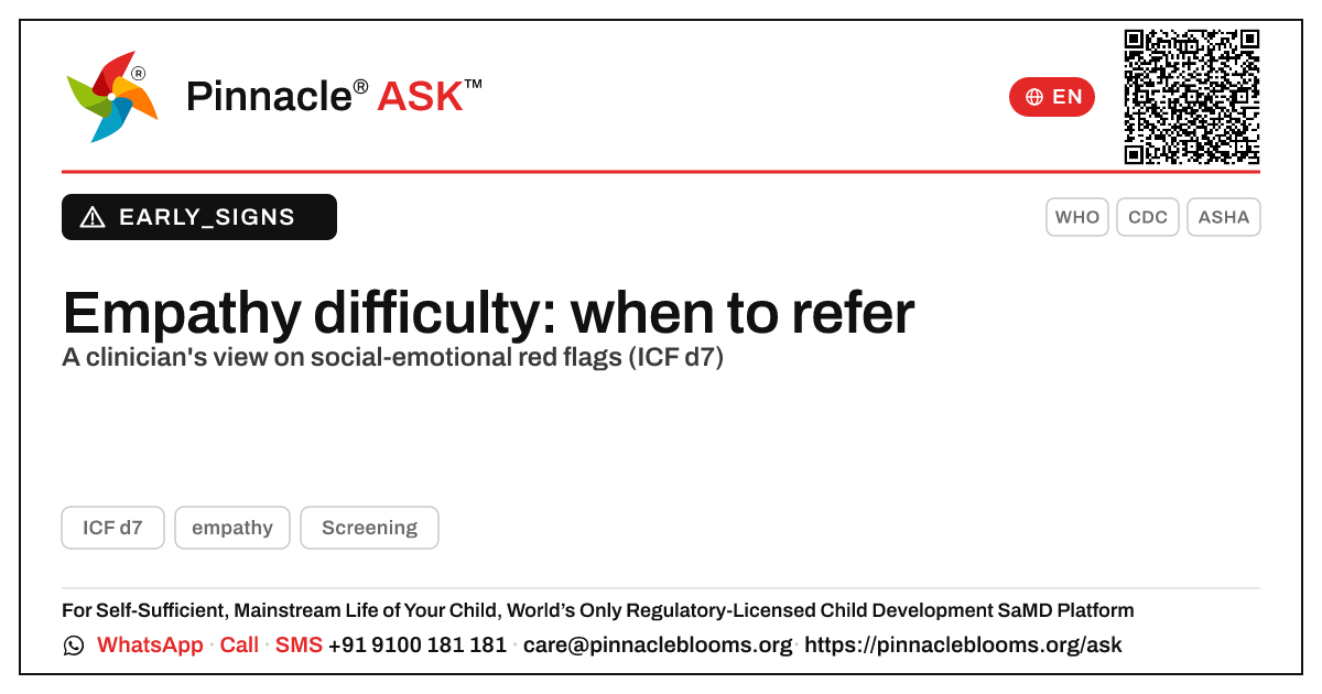Is difficulty with empathy a developmental red flag? — Pinnacle Ask answer card with a short explanation and QR link