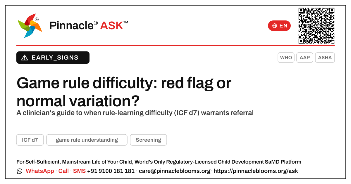 Is difficulty learning game rules a clinical red flag? — Pinnacle Ask answer card with a short explanation and QR link