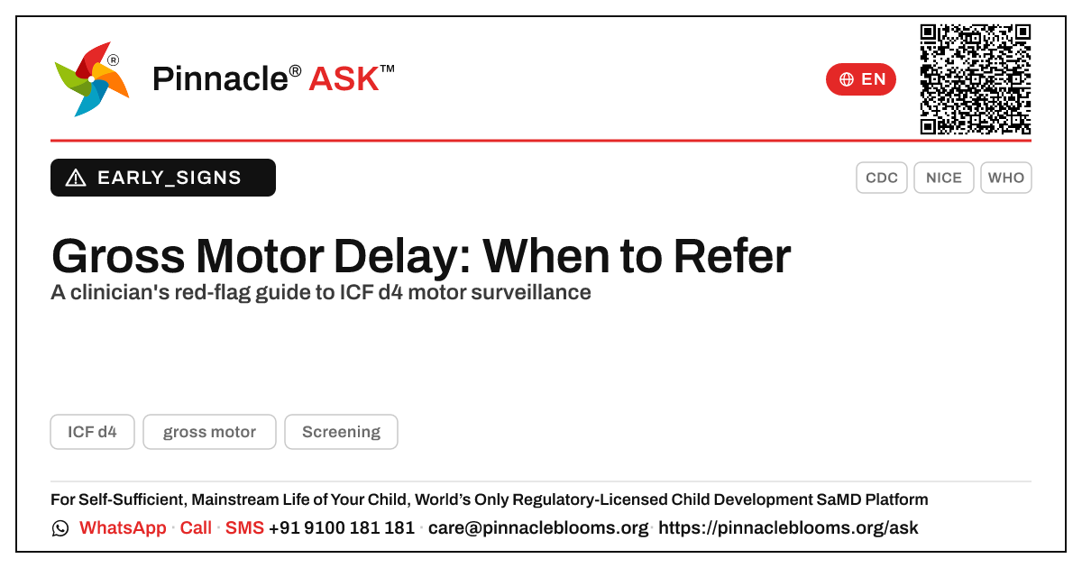 Is difficulty learning gross motor skills a referral red flag? — Pinnacle Ask answer card with a short explanation and QR link