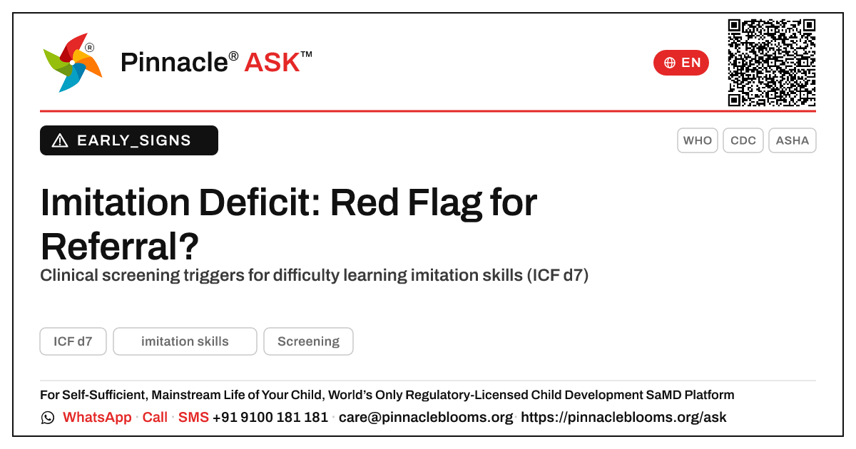 Imitation deficit as a developmental referral trigger — Pinnacle Ask answer card with a short explanation and QR link