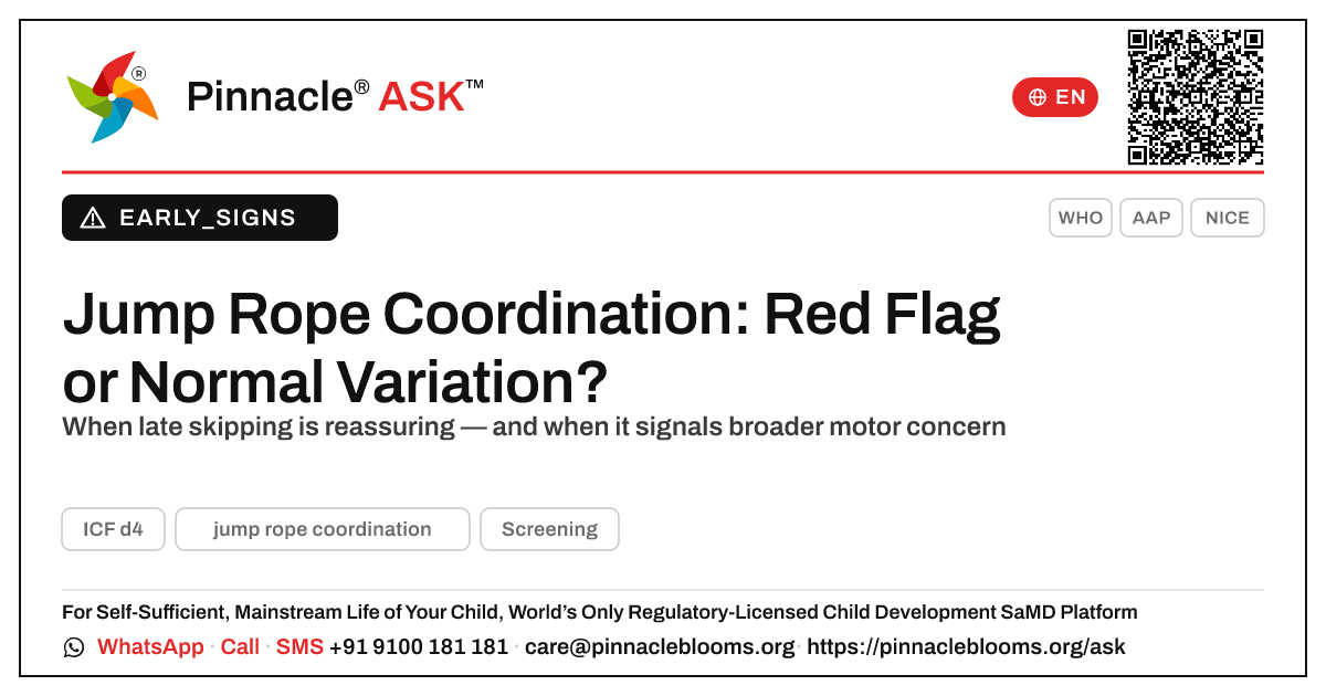 Is difficulty learning to jump rope a developmental red flag? — Pinnacle Ask answer card with a short explanation and QR link