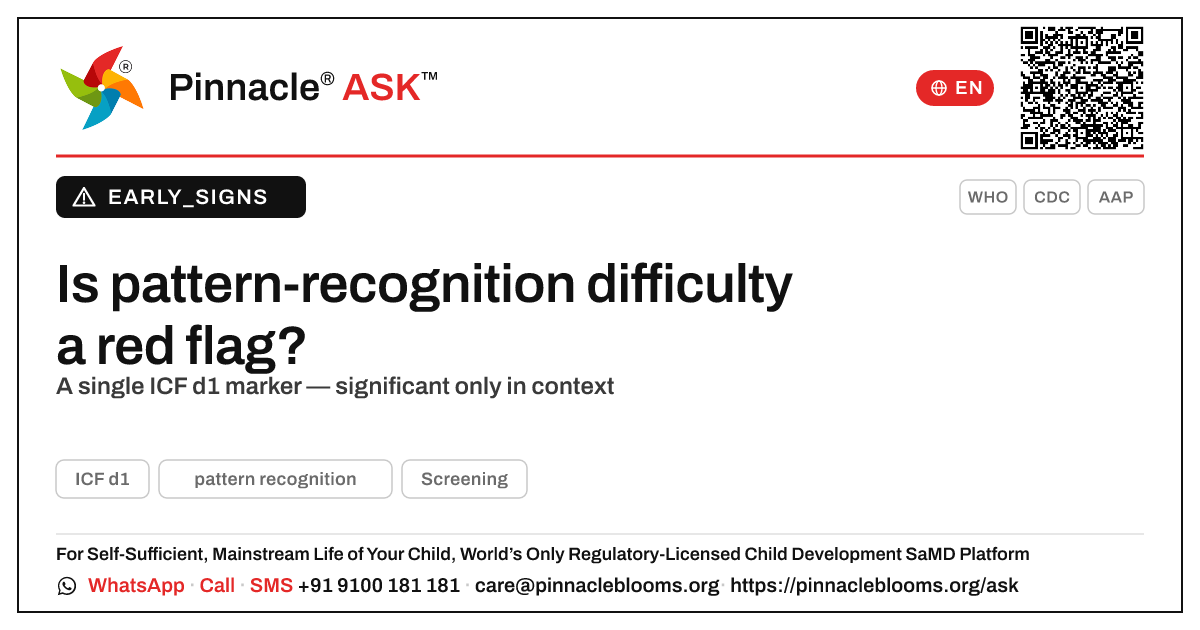 Pattern recognition difficulty as a developmental referral signal — Pinnacle Ask answer card with a short explanation and QR link