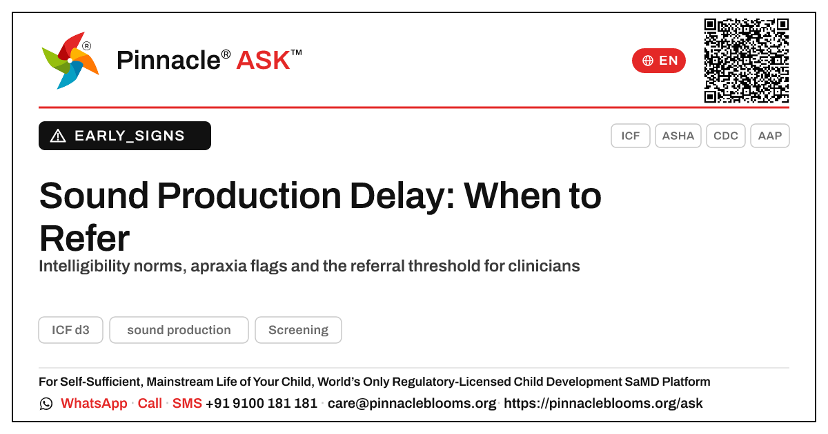 Is difficulty with sound production a clinical red flag for referral? — Pinnacle Ask answer card with a short explanation and QR link