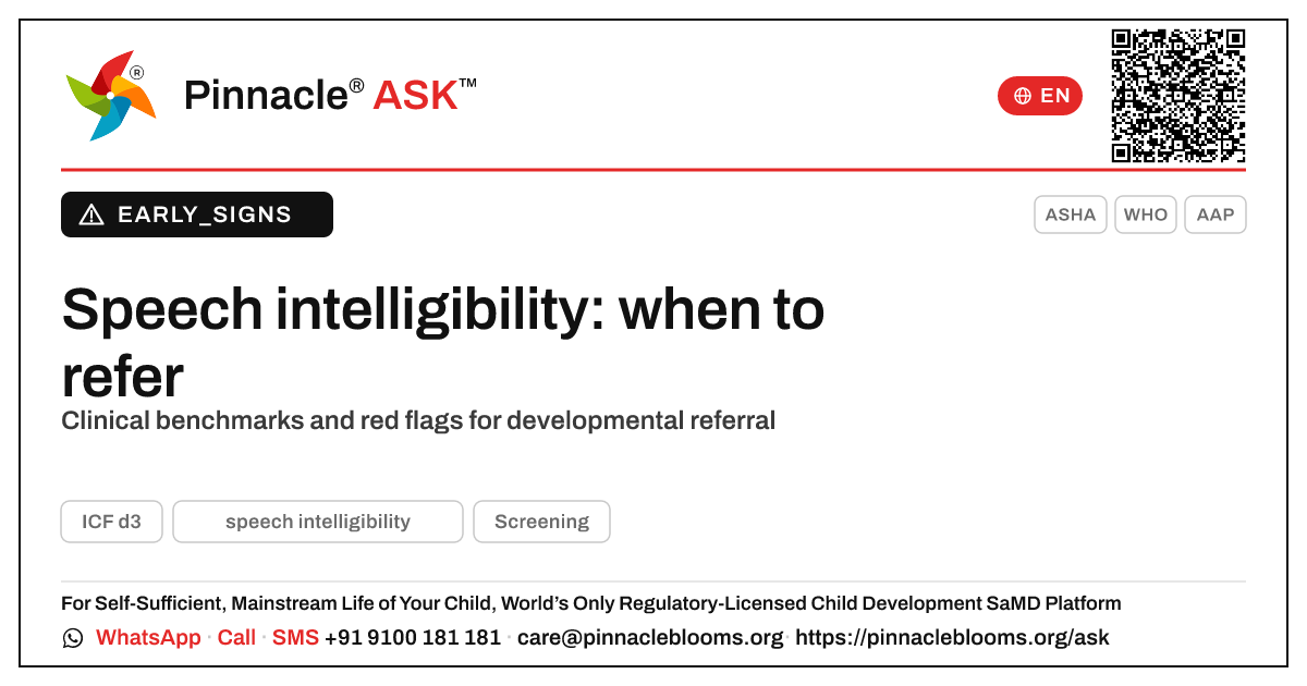 Reduced speech intelligibility: a clinical referral red flag — Pinnacle Ask answer card with a short explanation and QR link