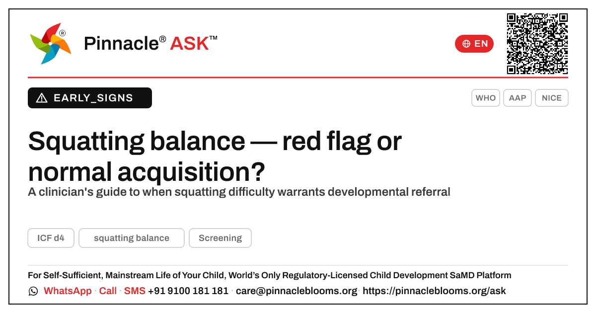 Is difficulty with squatting balance a developmental red flag? — Pinnacle Ask answer card with a short explanation and QR link