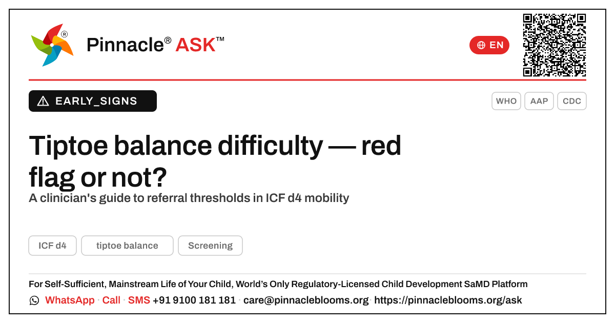 Tiptoe balance difficulty: when to refer — Pinnacle Ask answer card with a short explanation and QR link