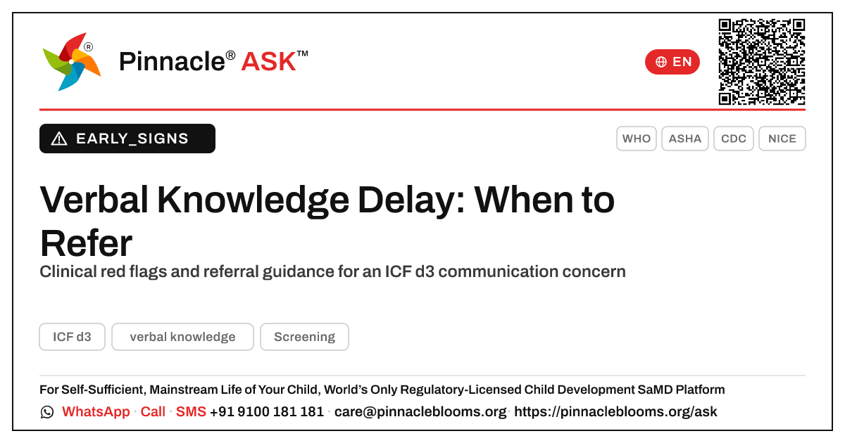 Is Difficulty Acquiring Verbal Knowledge a Referral Red Flag? — Pinnacle Ask answer card with a short explanation and QR link