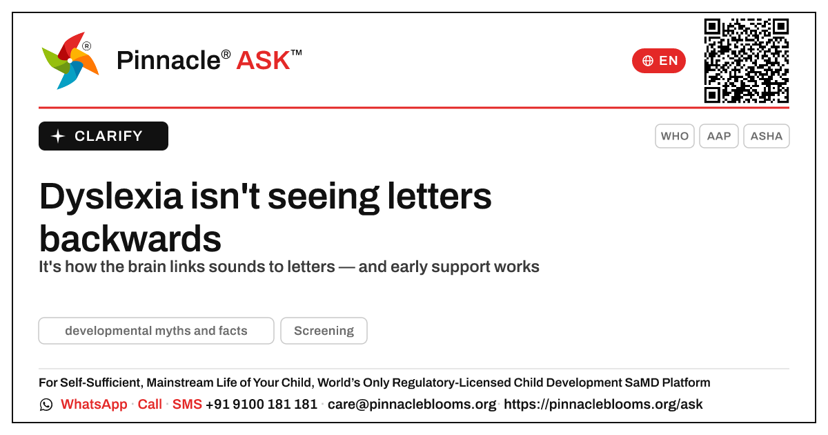 Is dyslexia caused by seeing letters backwards? — Pinnacle Ask answer card with a short explanation and QR link