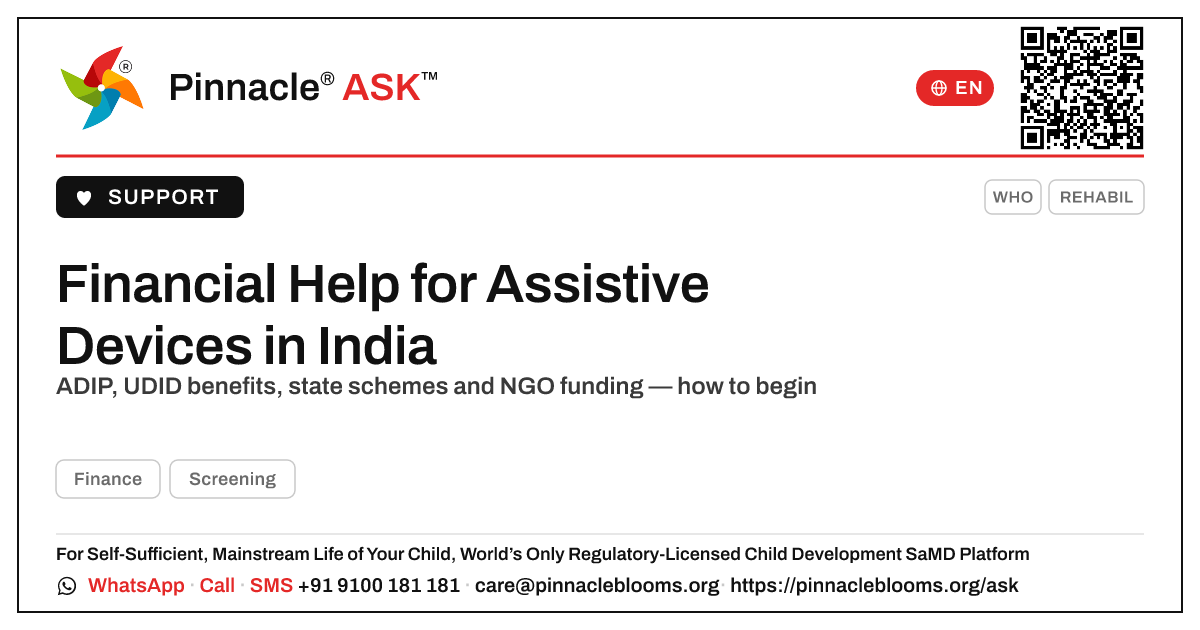 Financial Help for Assistive Devices — Pinnacle Ask answer card with a short explanation and QR link